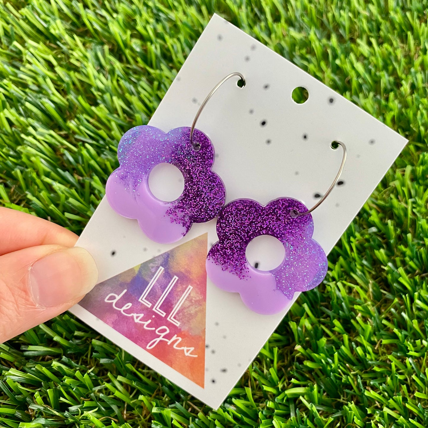 ON SALE!!!! Resin Earrings - Purple Dream Cut Out Daisy Featuring a Silver Hoop! (2)