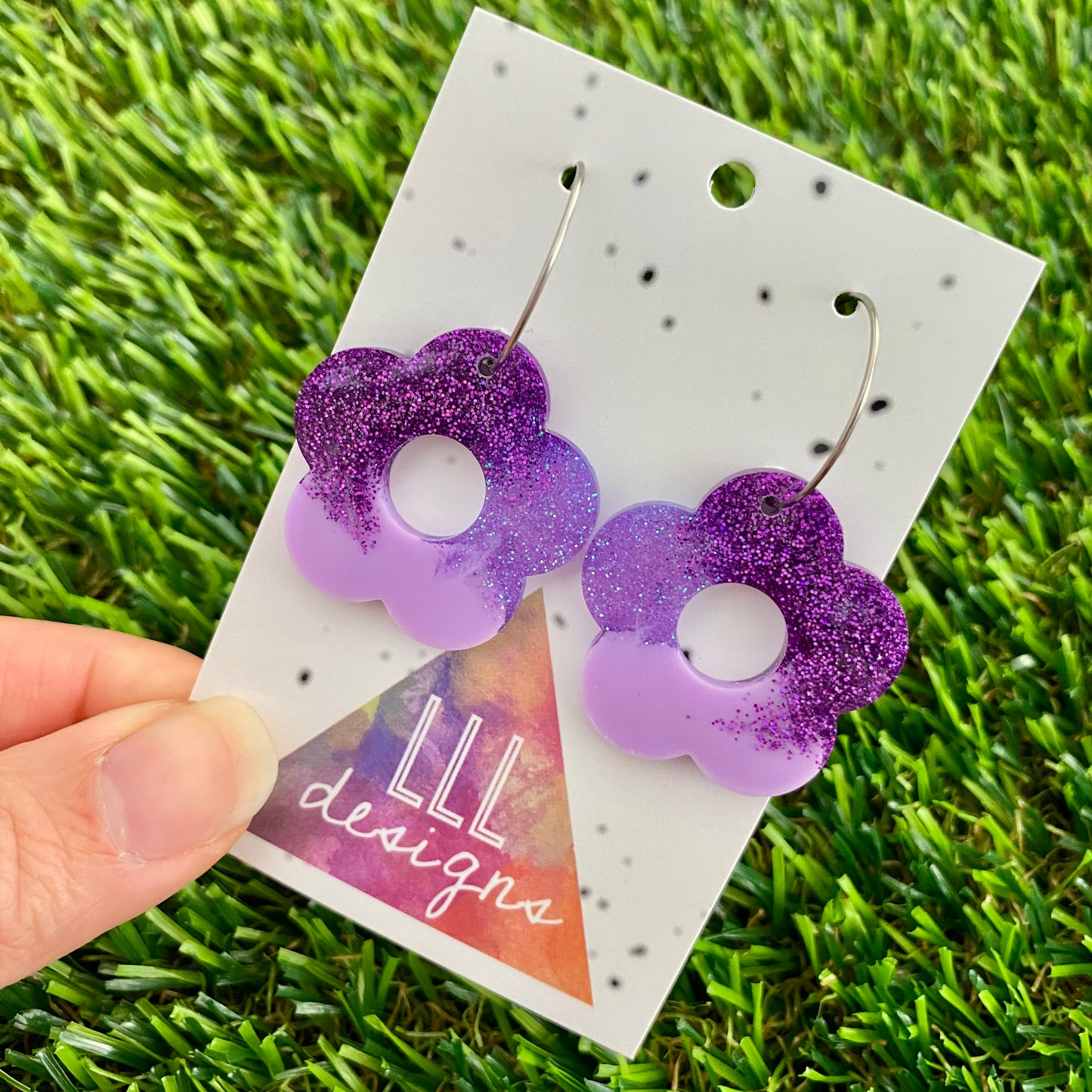 ON SALE!!!! Resin Earrings - Purple Dream Cut Out Daisy Featuring a Silver Hoop! (3)