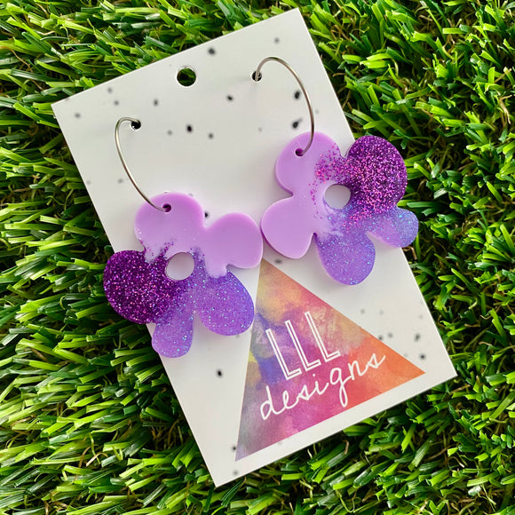 Resin Earrings - Purple Dream Asymmetrical Flower Featuring a Silver Hoop!