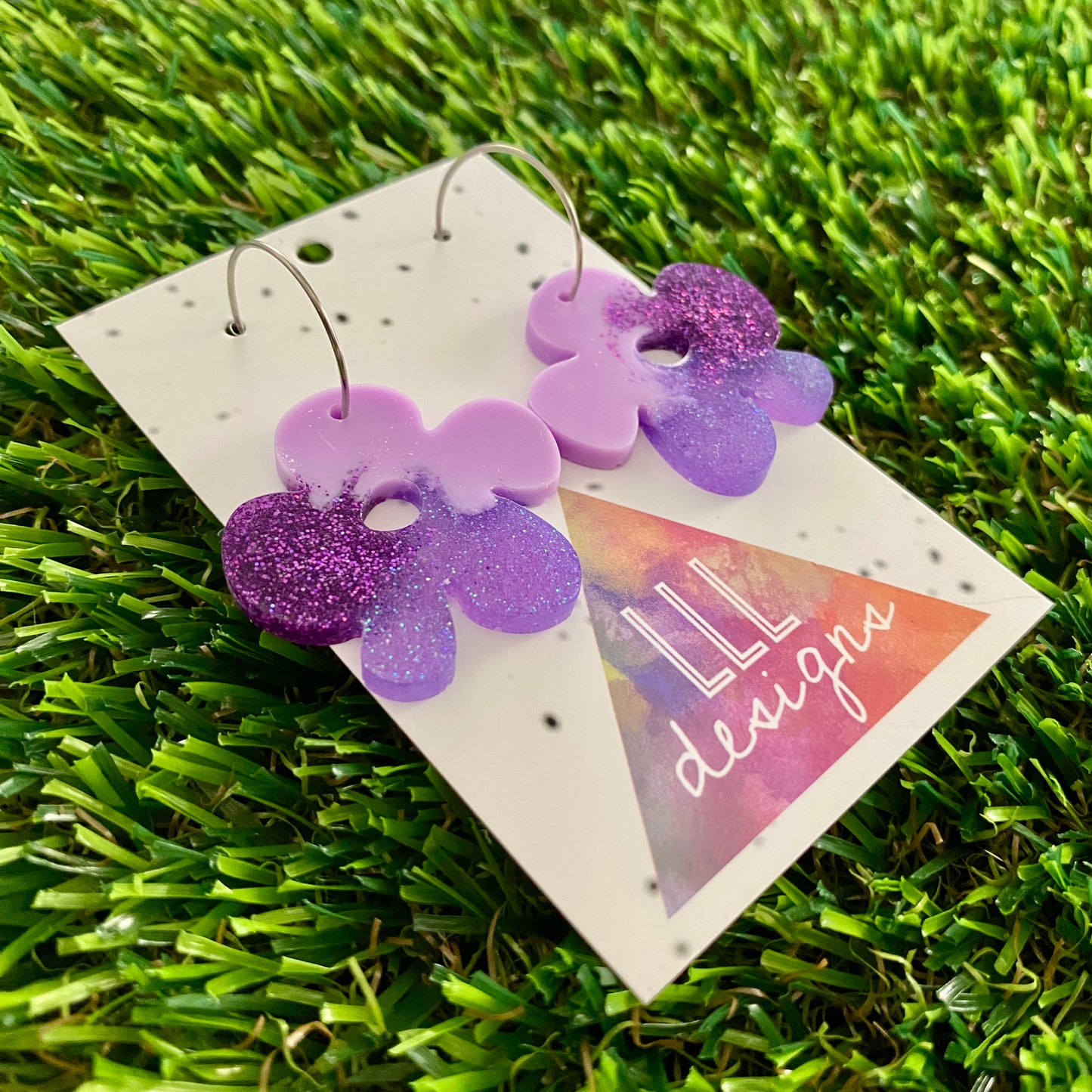 ON SALE!!!! Resin Earrings - Purple Dream Asymmetrical Flower Featuring a Silver Hoop!