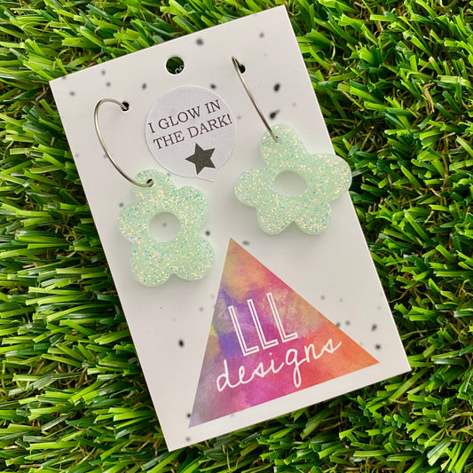 ON SALE!!!! Resin Earrings - Glow In Dark Wonky Daisy Featuring a Silver Hoop!