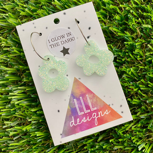 Resin Earrings - Glow In Dark Wonky Daisy Featuring a Silver Hoop!