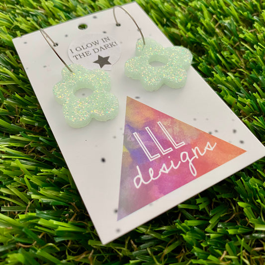 ON SALE!!!! Resin Earrings - Glow In Dark Wonky Daisy Featuring a Silver Hoop!