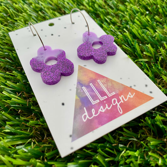 ON SALE!!! Resin Earrings - Two Tone Purple Wonky Daisy Featuring a Silver Hoop!