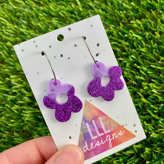 ON SALE!!! Resin Earrings - Two Tone Purple Wonky Daisy Featuring a Silver Hoop!