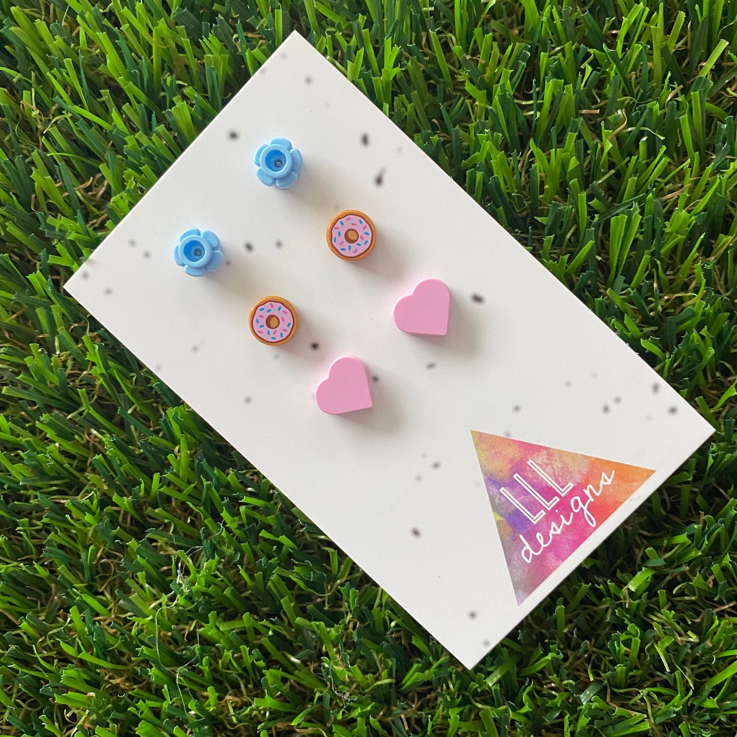 Earring Sets -#1 Donuts + Pastel Pink Hearts + Baby Blue Flowers - Three Sets of Studs, Super Great Value and So A-DOUGH-RABLE!