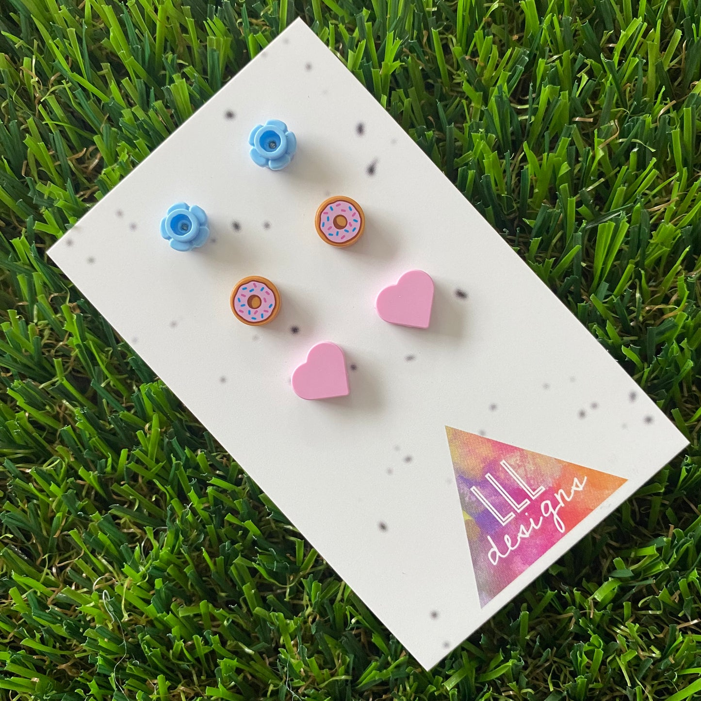 Earring Sets -#1 Donuts + Pastel Pink Hearts + Baby Blue Flowers - Three Sets of Studs, Super Great Value and So A-DOUGH-RABLE!