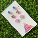 Earring Sets -#1 Donuts + Pastel Pink Hearts + Baby Blue Flowers - Three Sets of Studs, Super Great Value and So A-DOUGH-RABLE!