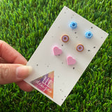 Earring Sets -#1 Donuts + Pastel Pink Hearts + Baby Blue Flowers - Three Sets of Studs, Super Great Value and So A-DOUGH-RABLE!