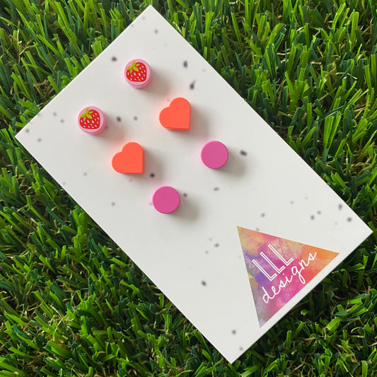 Earring Sets -#2 Strawberry + Neon Hearts + Pink Dots - Three Sets of Studs, A BERRY Great Deal!