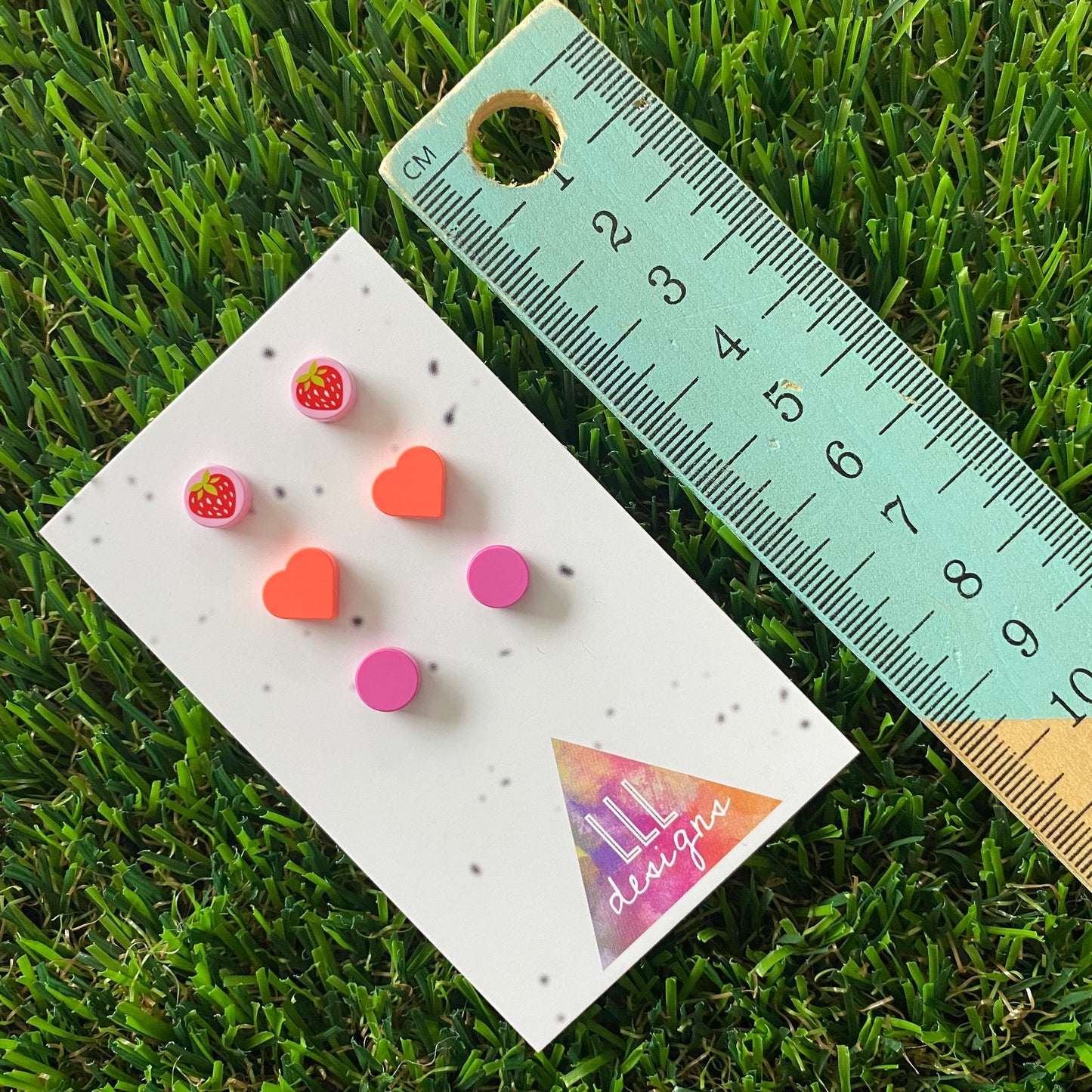 Earring Sets -#2 Strawberry + Neon Hearts + Pink Dots - Three Sets of Studs, A BERRY Great Deal!