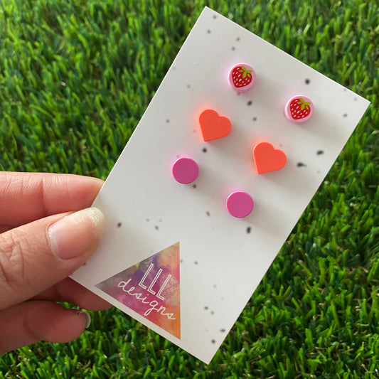 Earring Sets -#2 Strawberry + Neon Hearts + Pink Dots - Three Sets of Studs, A BERRY Great Deal!
