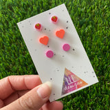 Earring Sets -#2 Strawberry + Neon Hearts + Pink Dots - Three Sets of Studs, A BERRY Great Deal!