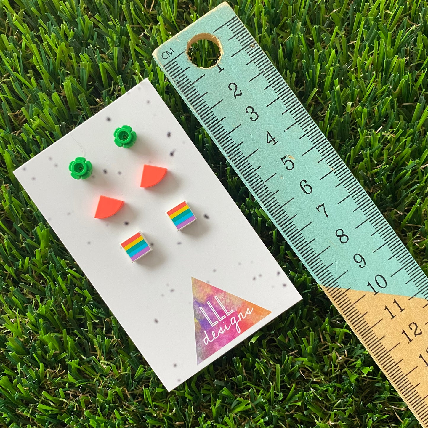 Earring Sets -#3 Pride Flags + Neon Quarters + Bright Green Flowers - Three Sets of Studs, GAILY onwards!