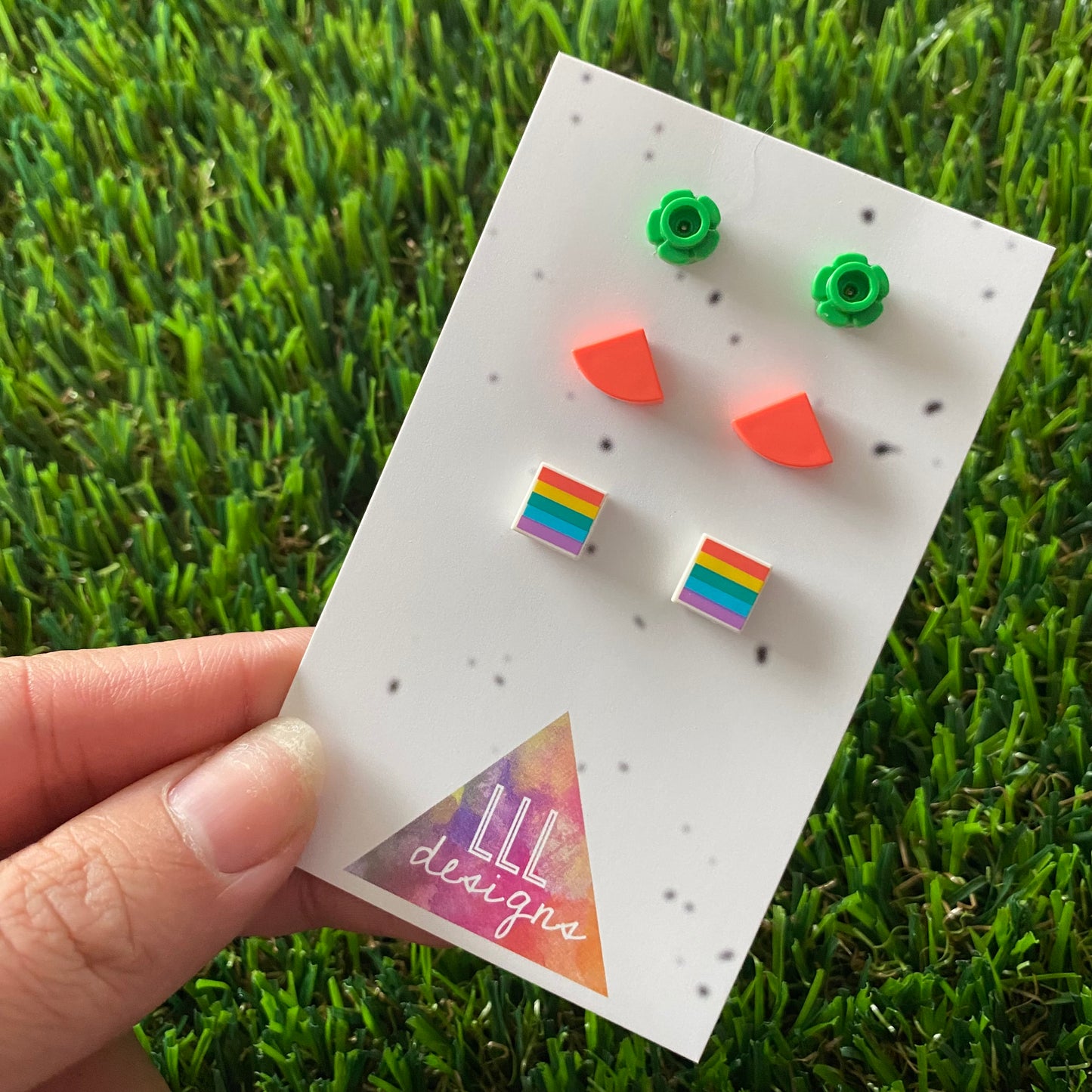 Earring Sets -#3 Pride Flags + Neon Quarters + Bright Green Flowers - Three Sets of Studs, GAILY onwards!