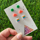 Earring Sets -#3 Pride Flags + Neon Quarters + Bright Green Flowers - Three Sets of Studs, GAILY onwards!