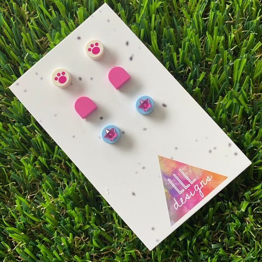 Earring Sets -#5 Printed Paws + Purple Arches + Crystal Pink Stars - Three Sets of Studs, its PAW-some!