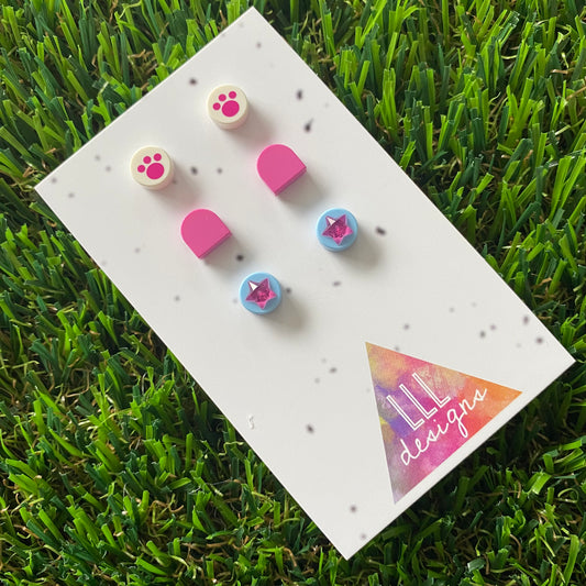Earring Sets -#5 Printed Paws + Purple Arches + Crystal Pink Stars - Three Sets of Studs, its PAW-some!