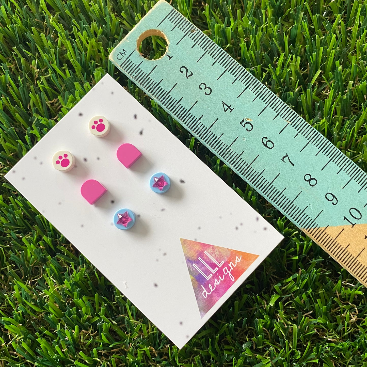 Earring Sets -#5 Printed Paws + Purple Arches + Crystal Pink Stars - Three Sets of Studs, its PAW-some!