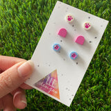 Earring Sets -#5 Printed Paws + Purple Arches + Crystal Pink Stars - Three Sets of Studs, its PAW-some!