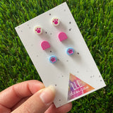 Earring Sets -#5 Printed Paws + Purple Arches + Crystal Pink Stars - Three Sets of Studs, its PAW-some!