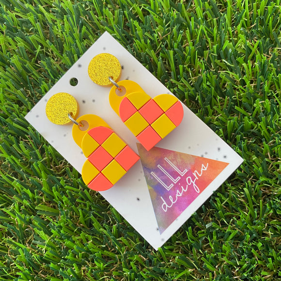 Tile Heart Earrings - #1 Neon Pink & Yellow Geometric Tile Hearts -  These will Make a Statement!