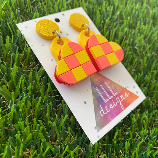 Tile Heart Earrings - #1 Neon Pink & Yellow Geometric Tile Hearts -  These will Make a Statement!