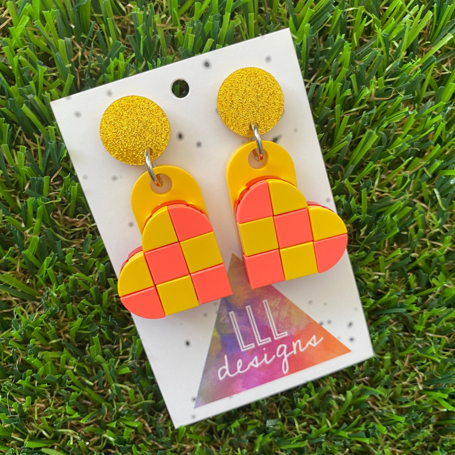 Tile Heart Earrings - #1 Neon Pink & Yellow Geometric Tile Hearts -  These will Make a Statement!
