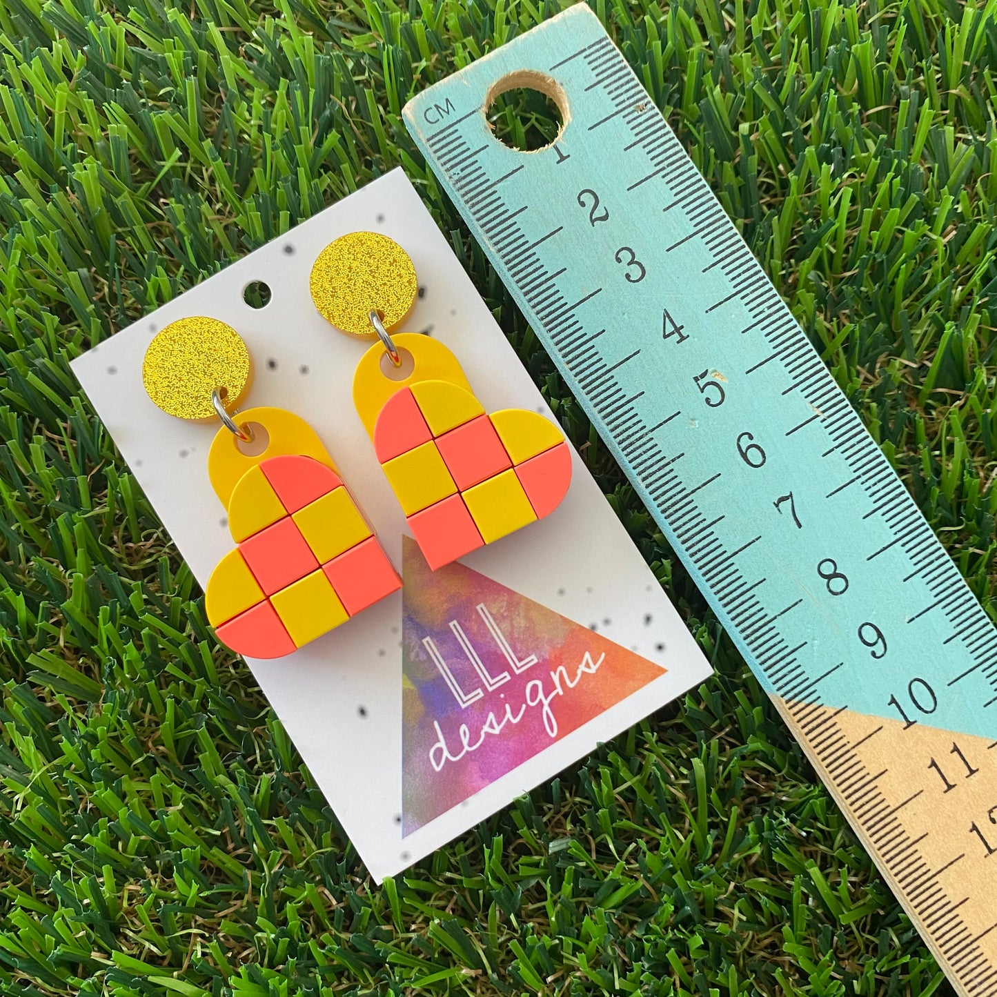 Tile Heart Earrings - #1 Neon Pink & Yellow Geometric Tile Hearts -  These will Make a Statement!