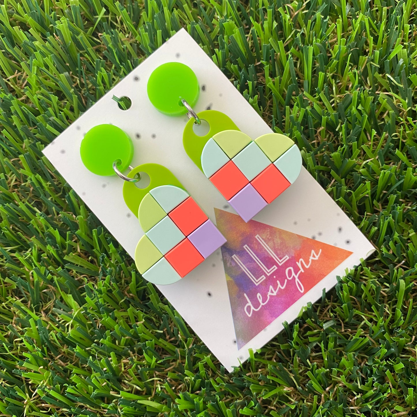 Tile Heart Earrings - #2 Pastel Tones with a POP of Neon Pink - these feature a green stud and have ultimate wiggle!