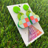Tile Heart Earrings - #2 Pastel Tones with a POP of Neon Pink - these feature a green stud and have ultimate wiggle!