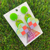 Tile Heart Earrings - #2 Pastel Tones with a POP of Neon Pink - these feature a green stud and have ultimate wiggle!
