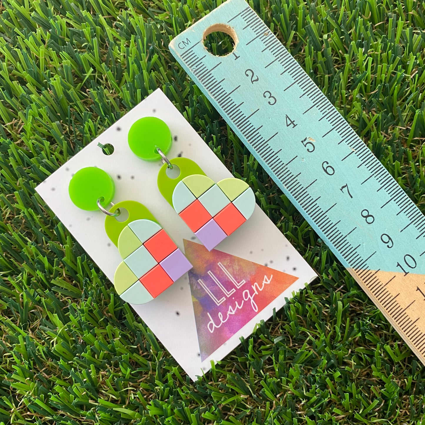 Tile Heart Earrings - #2 Pastel Tones with a POP of Neon Pink - these feature a green stud and have ultimate wiggle!