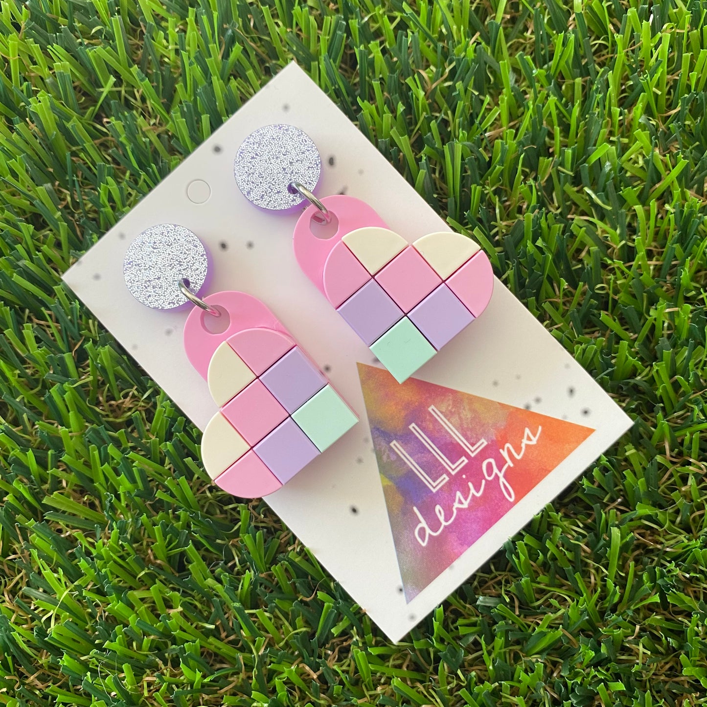 Tile Heart Earrings - #3 Pink and Purple Pastel Perfection - These Earrings are the Perfect Blend of Baby Pink, Purple and Blue, also Featuring a Glitter Purple Stud to make it POP!
