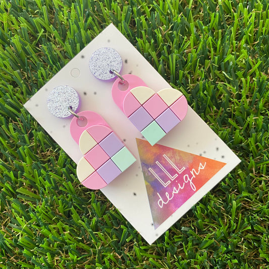 Tile Heart Earrings - #3 Pink and Purple Pastel Perfection - These Earrings are the Perfect Blend of Baby Pink, Purple and Blue, also Featuring a Glitter Purple Stud to make it POP!