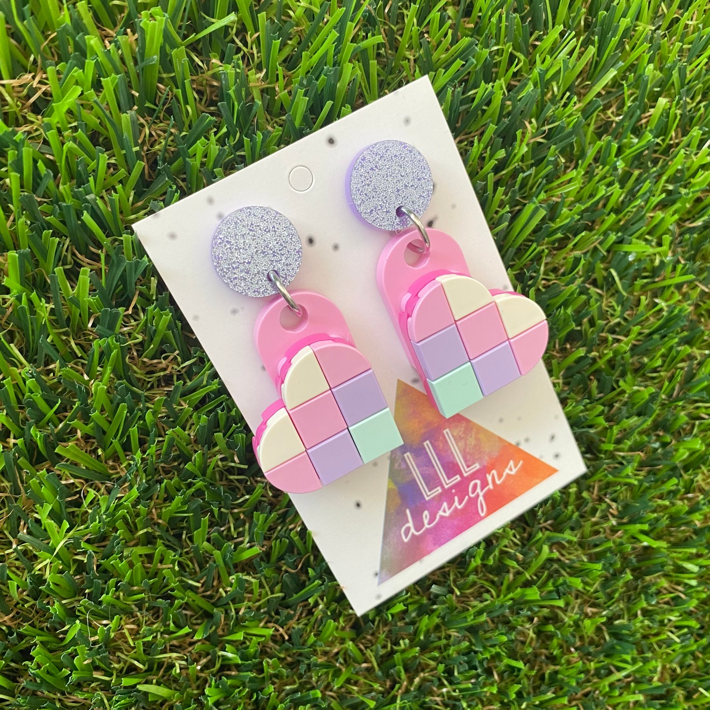 Tile Heart Earrings - #3 Pink and Purple Pastel Perfection - These Earrings are the Perfect Blend of Baby Pink, Purple and Blue, also Featuring a Glitter Purple Stud to make it POP!