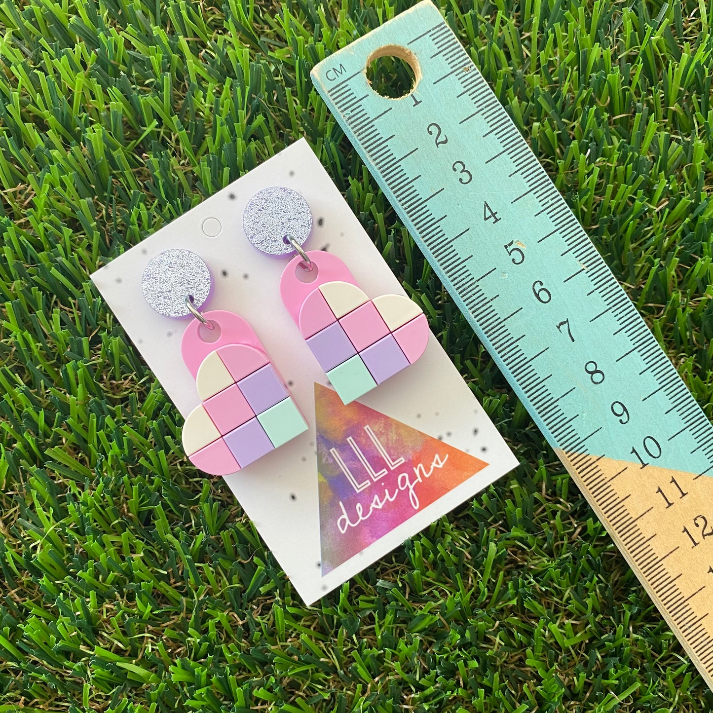 Tile Heart Earrings - #3 Pink and Purple Pastel Perfection - These Earrings are the Perfect Blend of Baby Pink, Purple and Blue, also Featuring a Glitter Purple Stud to make it POP!