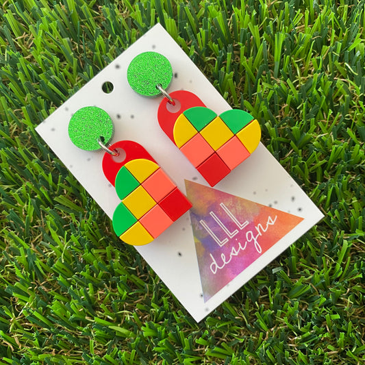 Tile Heart Earrings - #4 Bold Statement Colors with a Pop of Neon Pink - featuring a Glitter Green Stud for extra SPARKLE!