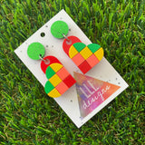 Tile Heart Earrings - #4 Bold Statement Colors with a Pop of Neon Pink - featuring a Glitter Green Stud for extra SPARKLE!