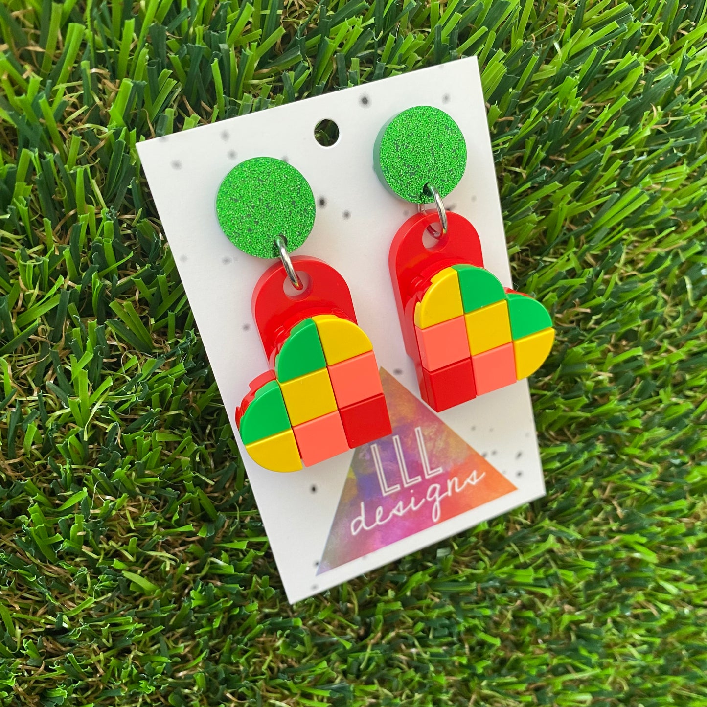 Tile Heart Earrings - #4 Bold Statement Colors with a Pop of Neon Pink - featuring a Glitter Green Stud for extra SPARKLE!