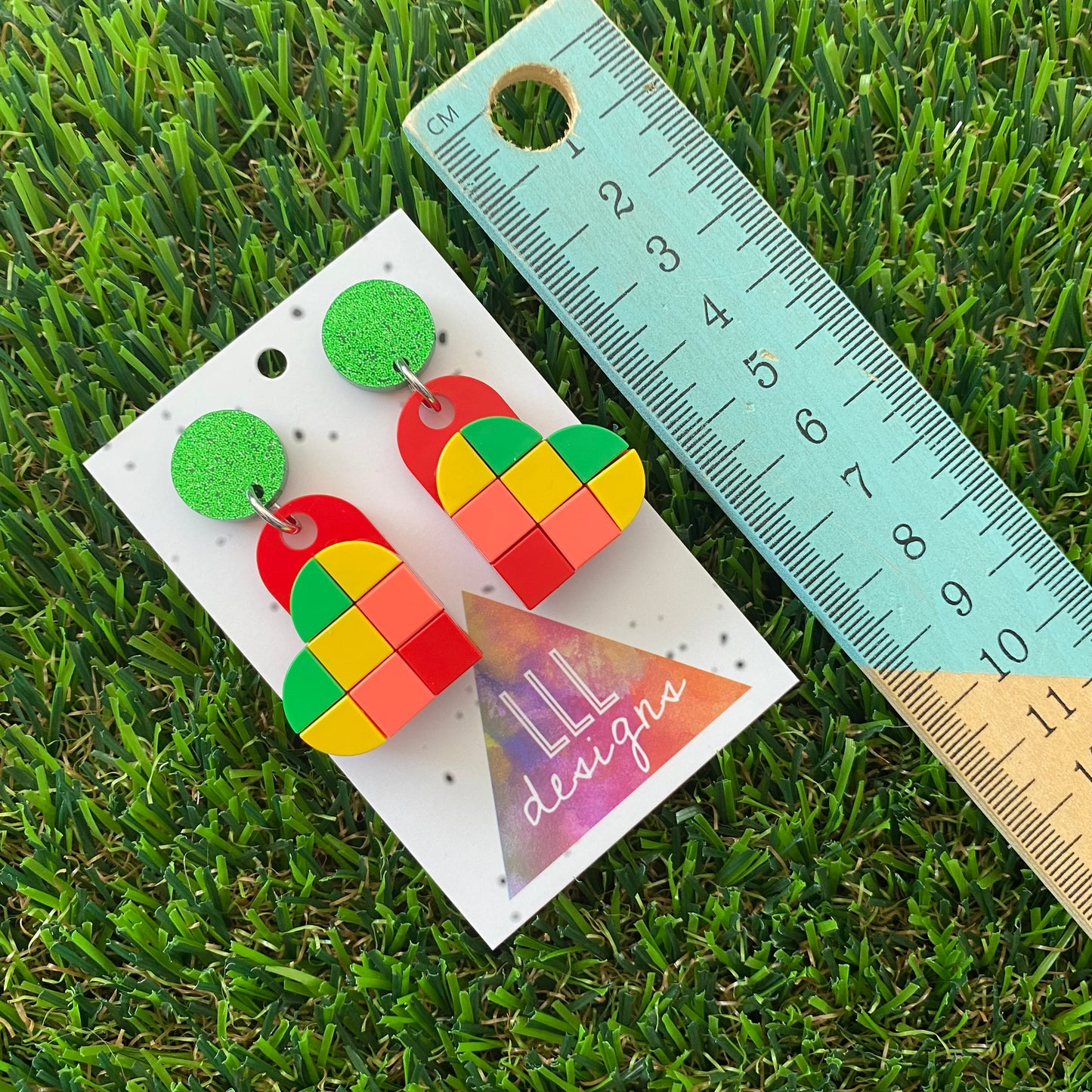 Tile Heart Earrings - #4 Bold Statement Colors with a Pop of Neon Pink - featuring a Glitter Green Stud for extra SPARKLE!