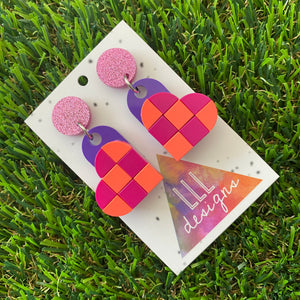 Tile Heart Earrings - #5 Electric Purple and Neon Pink Checker Board Vibe Earrings - Featuring a Glitzy Purple Stud to make a Statement!