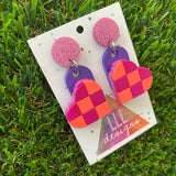 Tile Heart Earrings - #5 Electric Purple and Neon Pink Checker Board Vibe Earrings - Featuring a Glitzy Purple Stud to make a Statement!