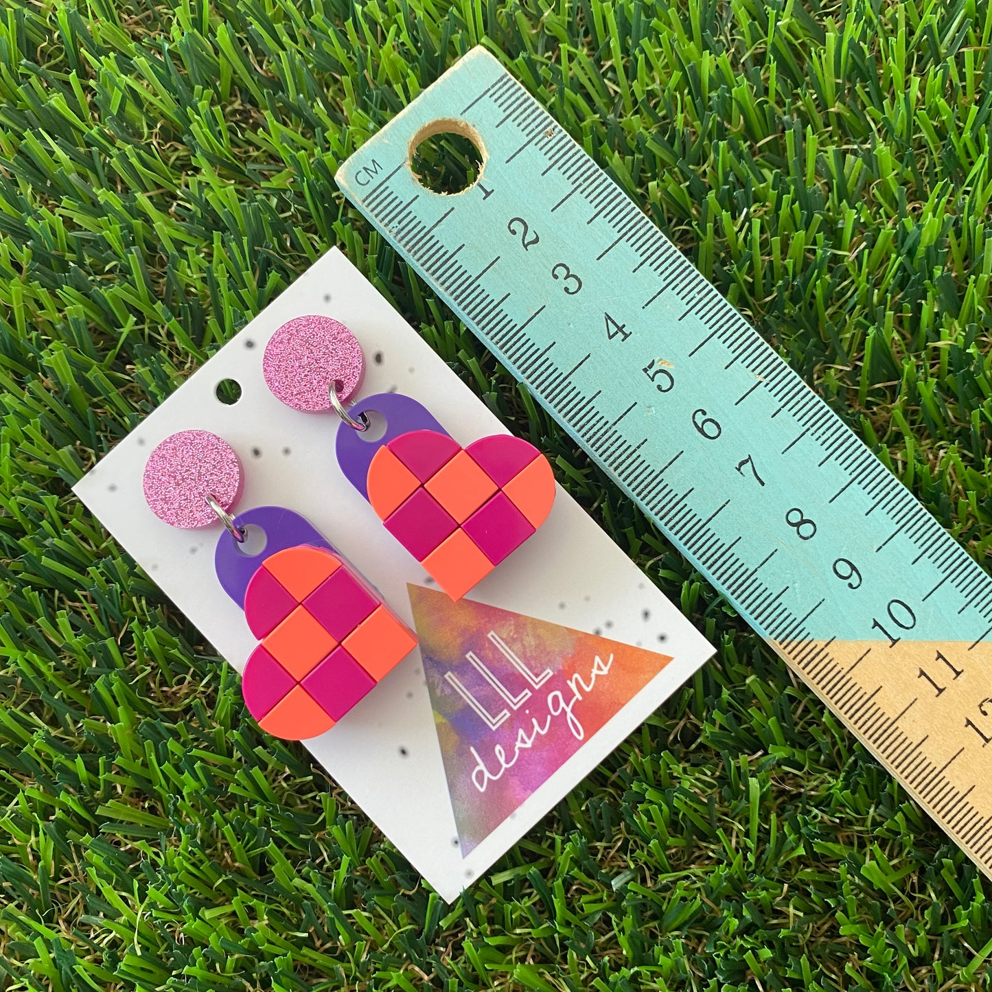 Tile Heart Earrings - #5 Electric Purple and Neon Pink Checker Board Vibe Earrings - Featuring a Glitzy Purple Stud to make a Statement!