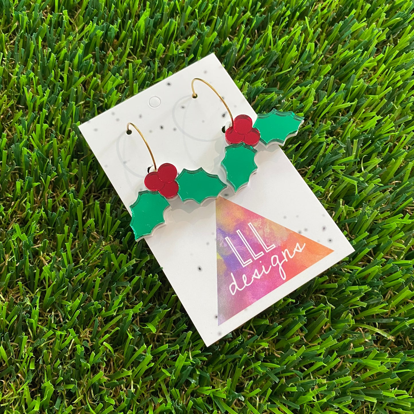 Holly Earrings - Festive Mirrored Holly Gold Hoops.