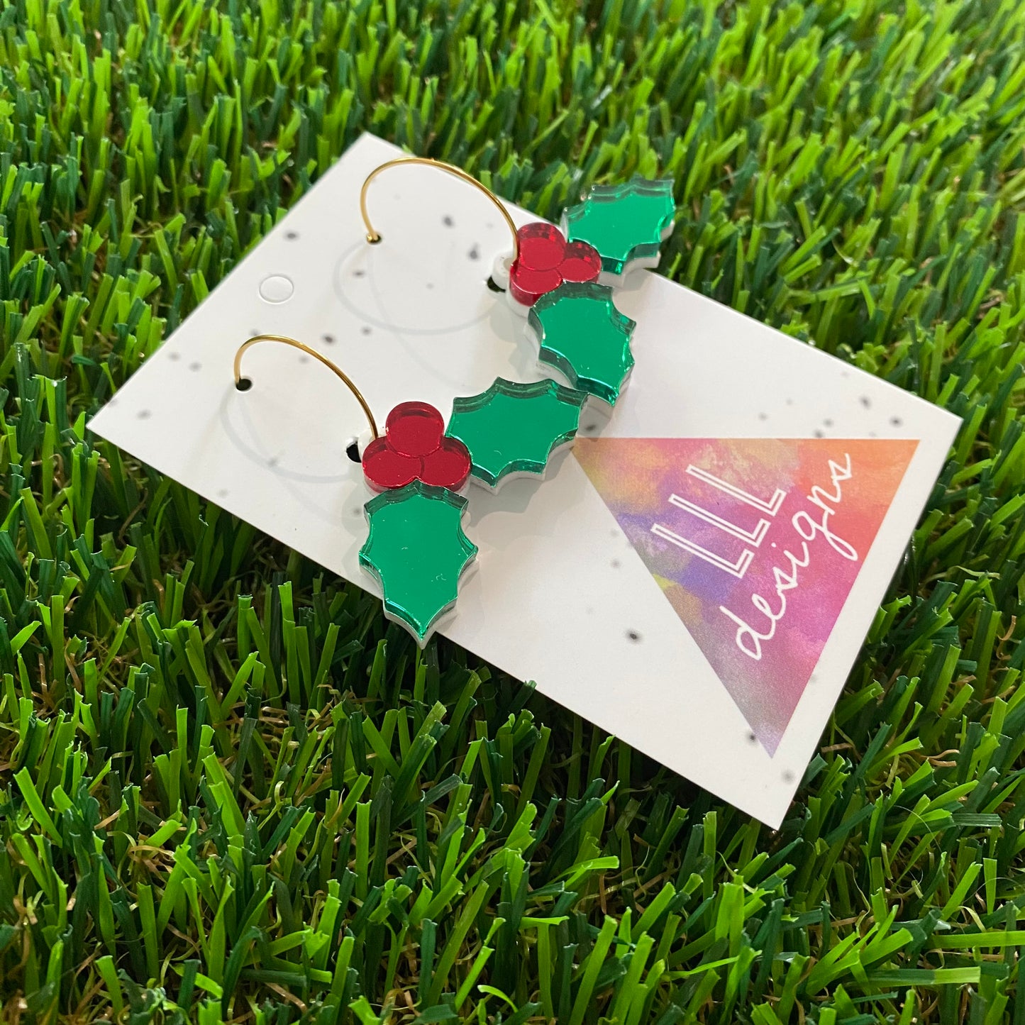 Holly Earrings - Festive Mirrored Holly Gold Hoops.