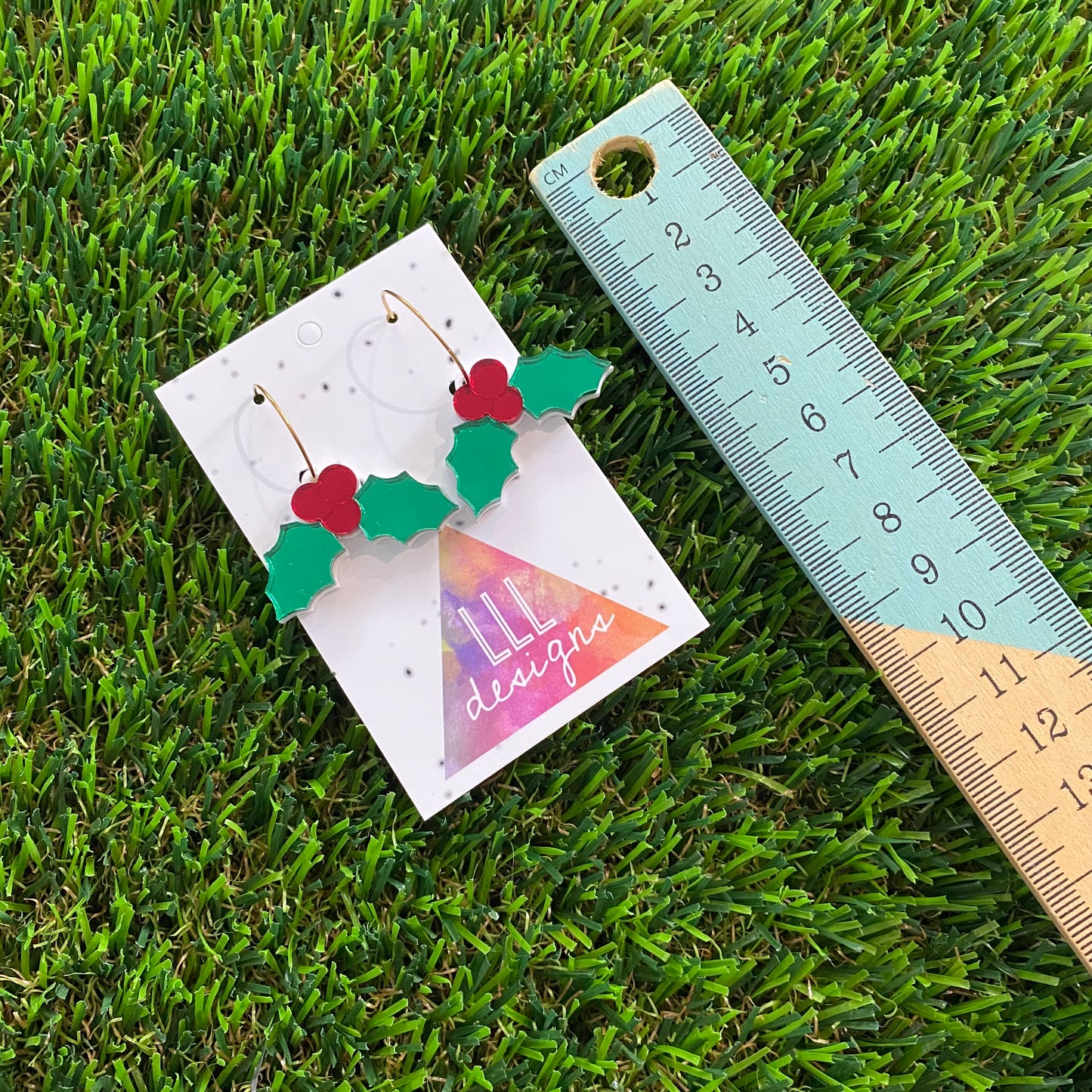 Holly Earrings - Festive Mirrored Holly Gold Hoops.