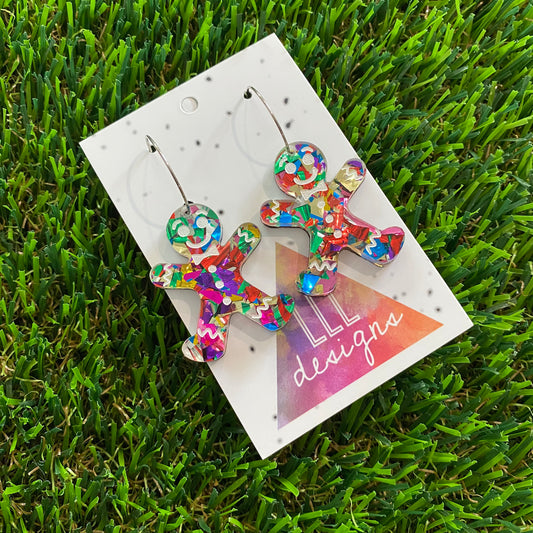 Gingerbread Men Earrings - Rainbow Gingerbread People with Silver Hoops!
