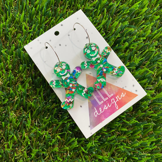 Gingerbread Men Earrings - Green Gingerbread People with Silver Hoops!