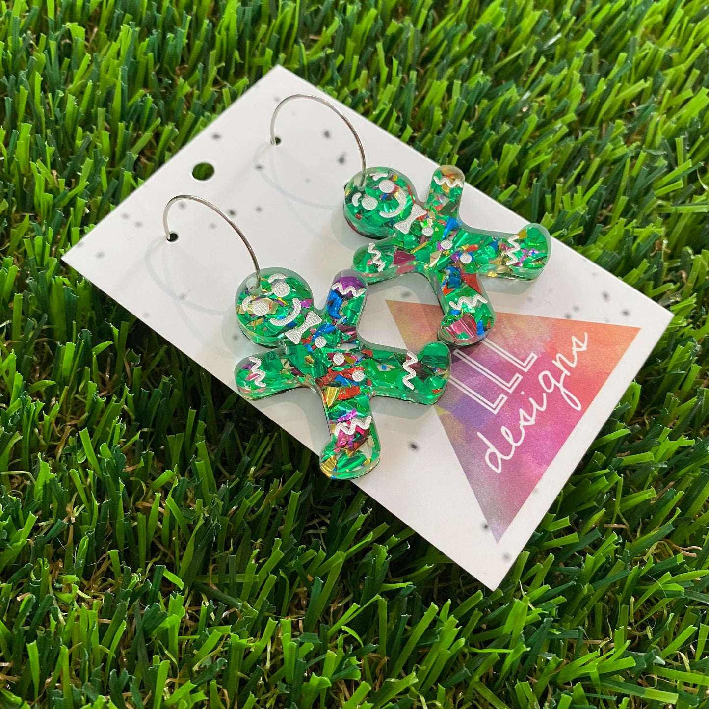 Gingerbread Men Earrings - Green Gingerbread People with Silver Hoops!